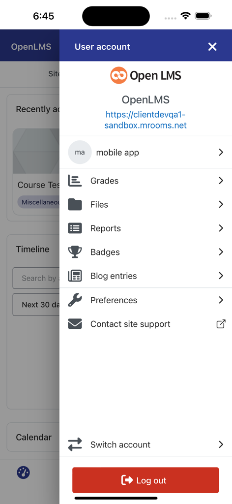 Open LMSモバイルアプリのユーザーアカウントメニュー。成績、ファイル、レポート、バッジのオプションを表示。