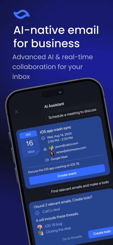 Shortwave - AI Email - Shortwave mobile app interface showing AI assistant scheduling meetings and creating tasks from emails
