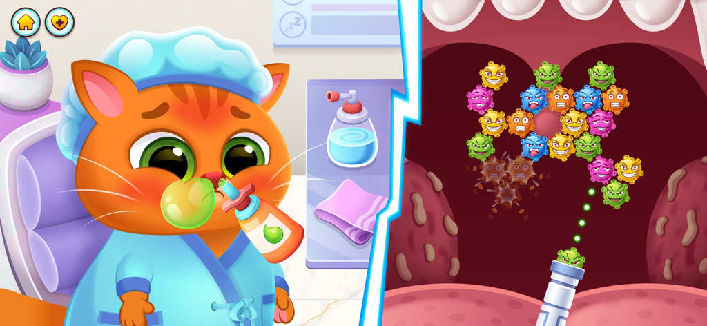 Bubbu the cat character being treated by a doctor for throat germs in a mini game