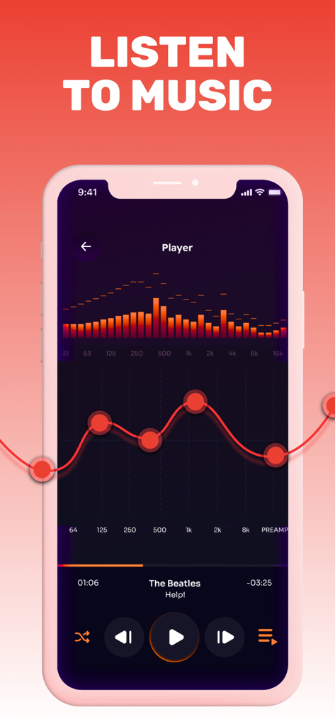 TubeMate app music player interface showing a visual equalizer and frequency curve for audio playback.