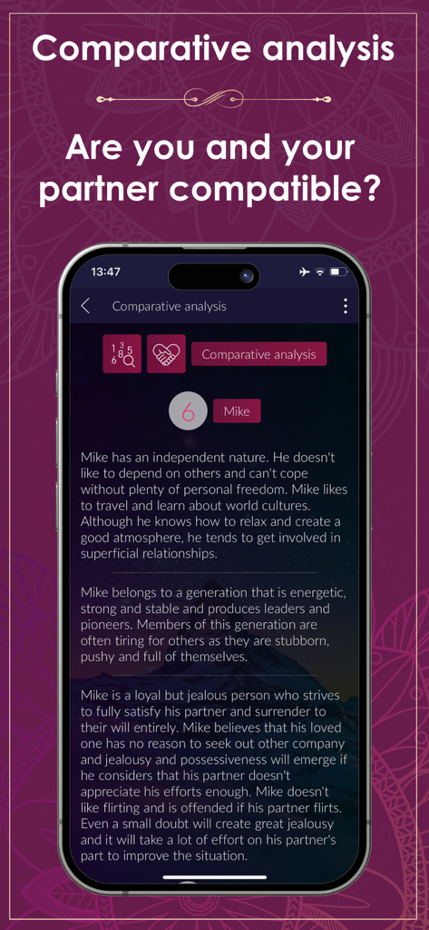 Numerology Rediscover Yourself - Pantalla de la aplicación de Numerología que muestra un análisis comparativo de compatibilidad de pareja