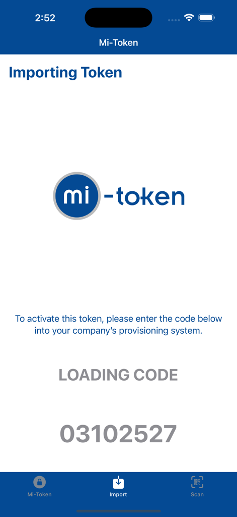 Mi-Token Authenticator interface showing a token activation code for enterprise provisioning.