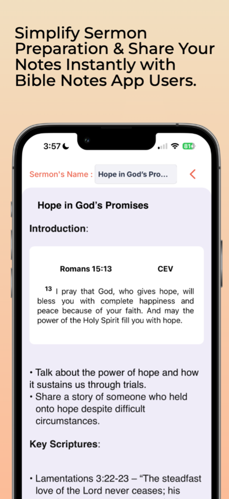 Pastor Notes App - Sermon preparation screen in the Pastor Notes App showing a Bible verse from Romans and ministry notes.