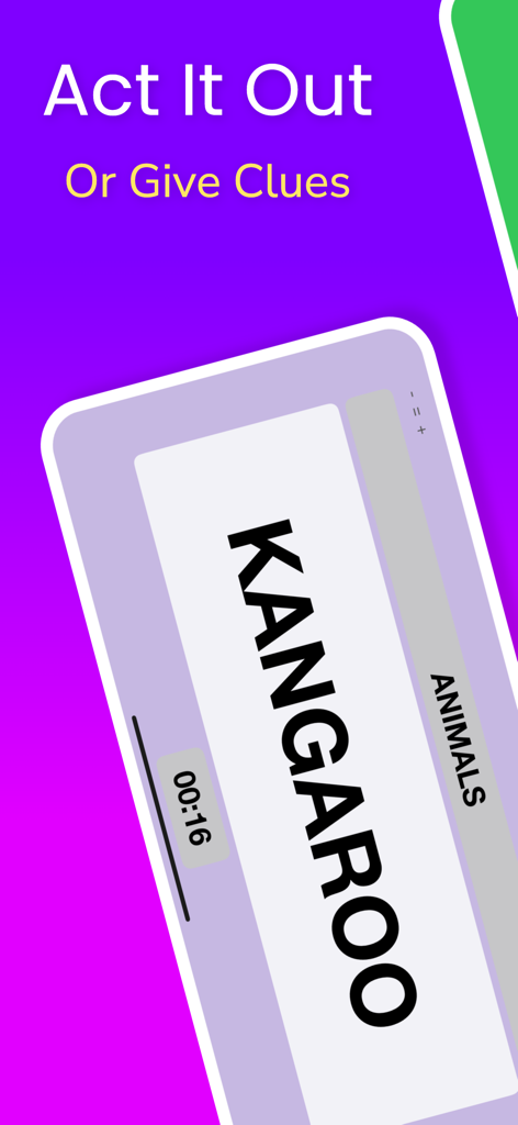 Heads Up For Kids & Family - Mobile screen showing the word Kangaroo in a kids charades game