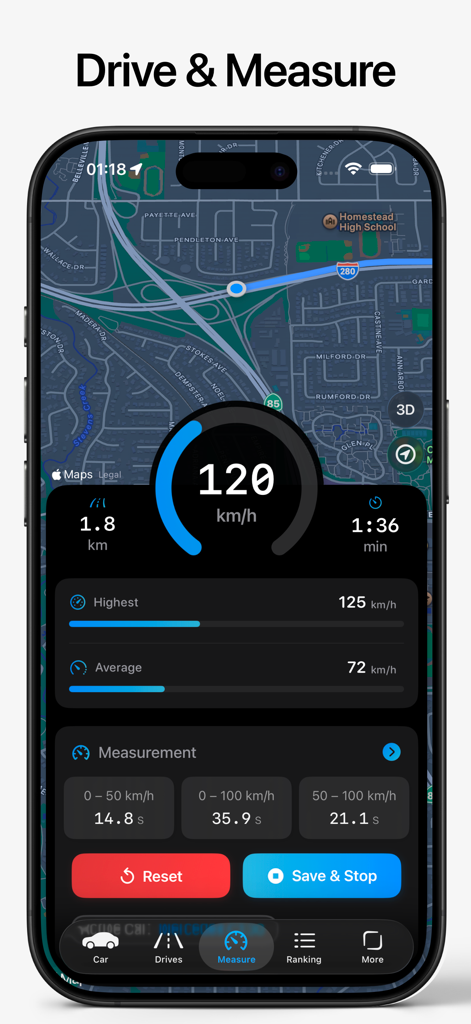 SpeedGPS - Drive & Measure - Painel do aplicativo SpeedGPS exibindo velocidade em tempo real e medições de desempenho de aceleração