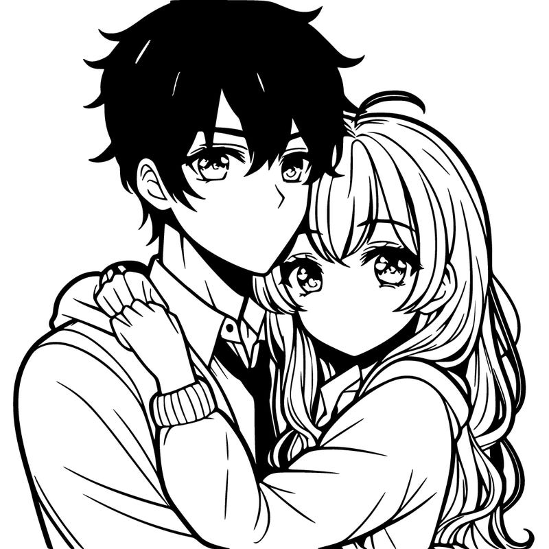 beautiful anime girl hugging a handsome anime boy