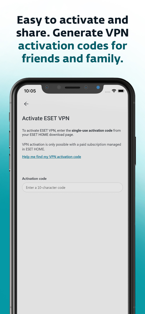 ESET VPN app screen showing the field to enter a ten character activation code