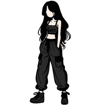 girl in baggy pants crop top and long hair