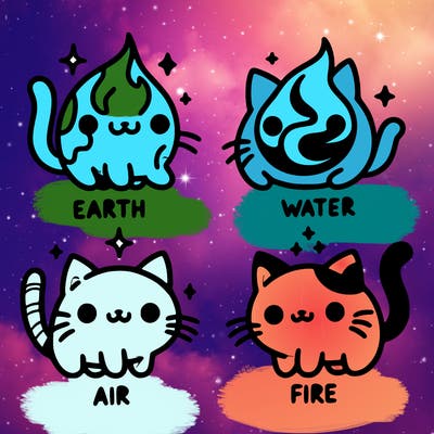 4 cats that represent the different elements, earth, water, air, and fire