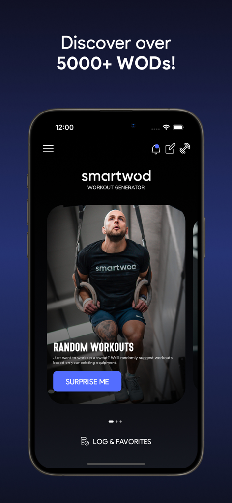 SmartWOD app home screen showing the random workout generator and functional fitness workouts
