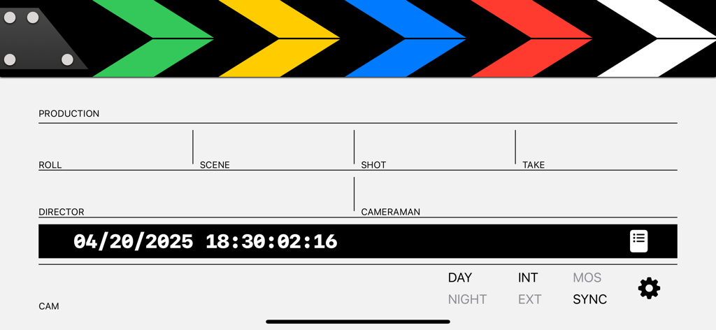 ClapperBoard - Scene Tracker - Digital clapperboard interface for tracking film scenes with timecode and production details