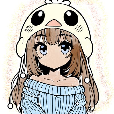 anime girl with chick shaped hat with sweater with bare shoulders with bangs covering them one eye with low tail