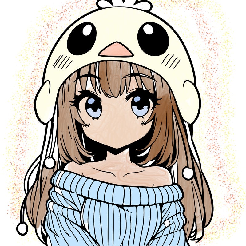 anime girl with chick shaped hat with sweater with bare shoulders with bangs covering them one eye with low tail