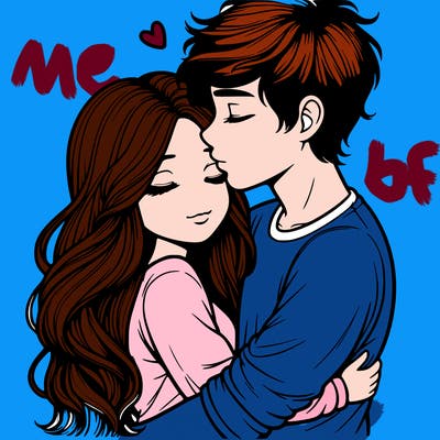 a realistic couple boy and girl hugging and kissing
