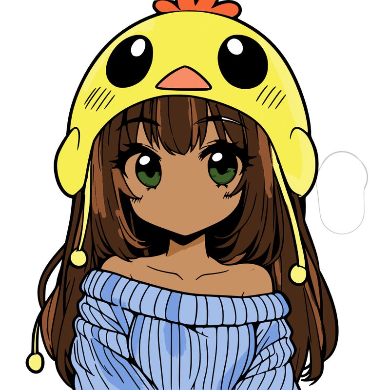 anime girl with chick shaped hat with sweater with bare shoulders with bangs covering them one eye with low tail