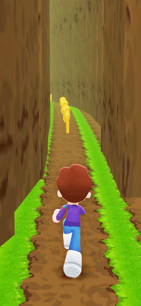 Kooply Run: Subway Craft - Kooply Run Subway Craftで高い壁の間にある土の道を走るキャラクター、コインを集めている。