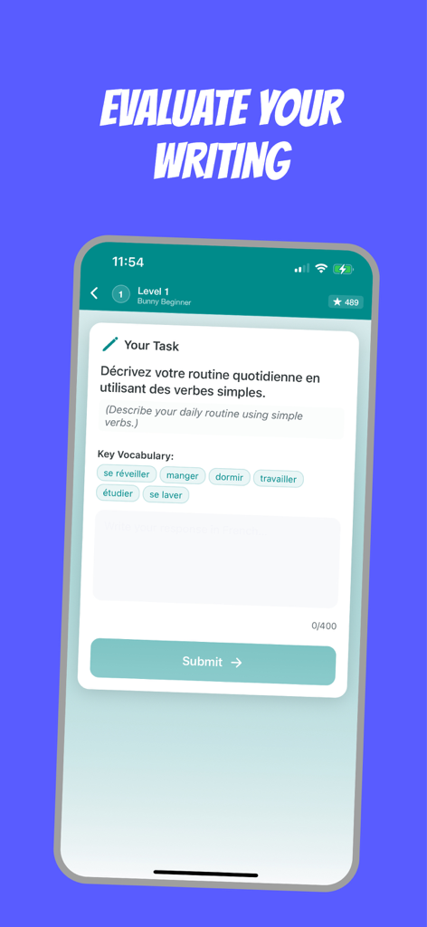 Frenchico - Learn French Fast - Frenchico app screen showing a French writing exercise for beginners to describe their daily routine