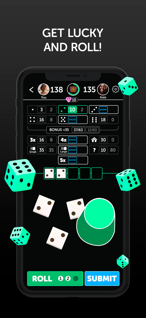 Lucky Rollers dice game mobile screen showing scorecard and rolling dice