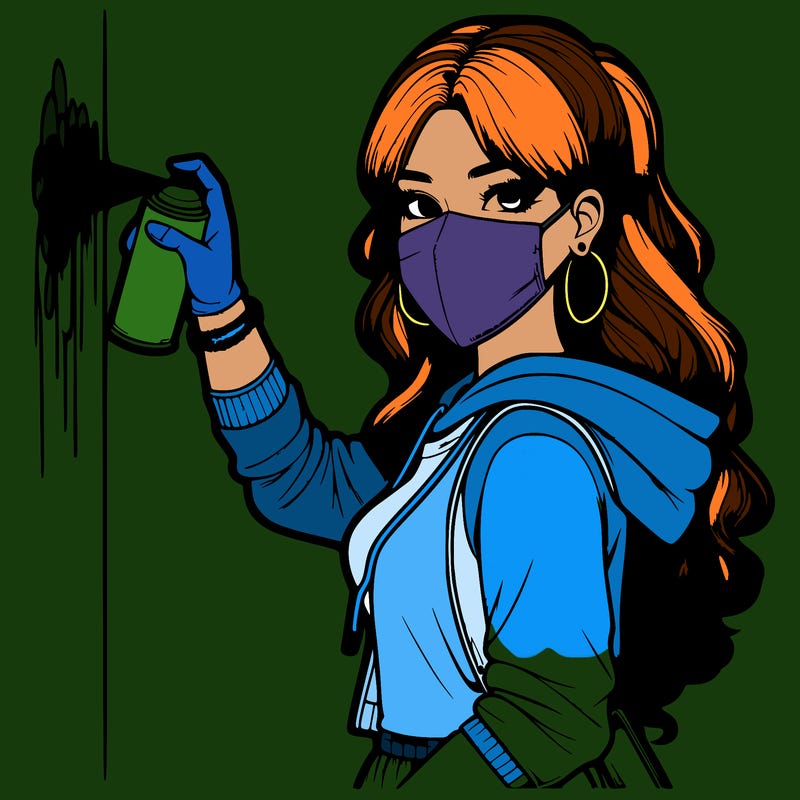 realistic girl with mask spray painting a wall