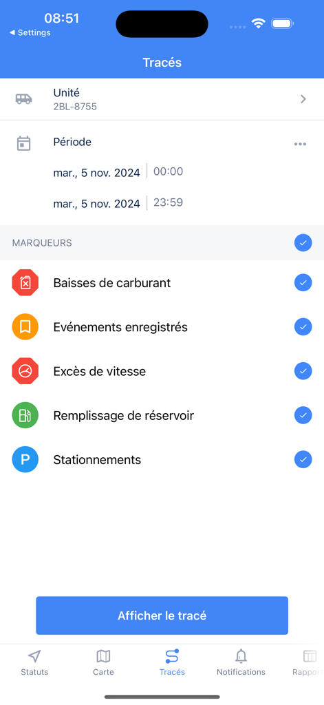 Europe Track - Europe Track app screenshot showing trip history tracking filters for fuel speeding and parking events