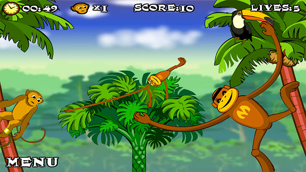 Jungle Spider Monkey:SuperHero Adventure - Um macaco de desenho animado com braços longos se balança por uma selva no jogo mobile Macaco Aranha da Selva