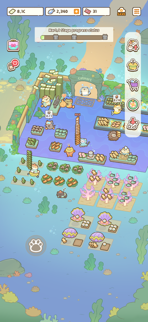 Cat Mart: Cute Grocery Shop - A gameplay scene from Cat Mart showing an underwater themed grocery shop with cute cats gathering seafood and pearls