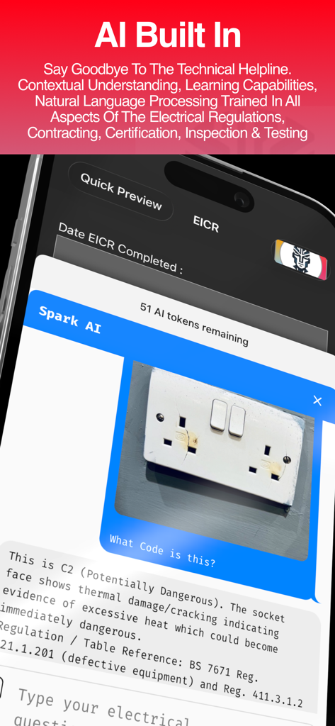 iCertifi Spark AI identifiant une prise électrique endommagée et fournissant les réglementations BS 7671
