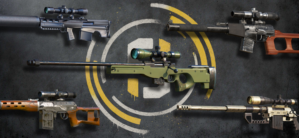 Sniper Army: Shooter Gun Arena - A variety of tactical sniper rifles from the game Sniper Army Shooter Gun Arena displayed against a dark background.