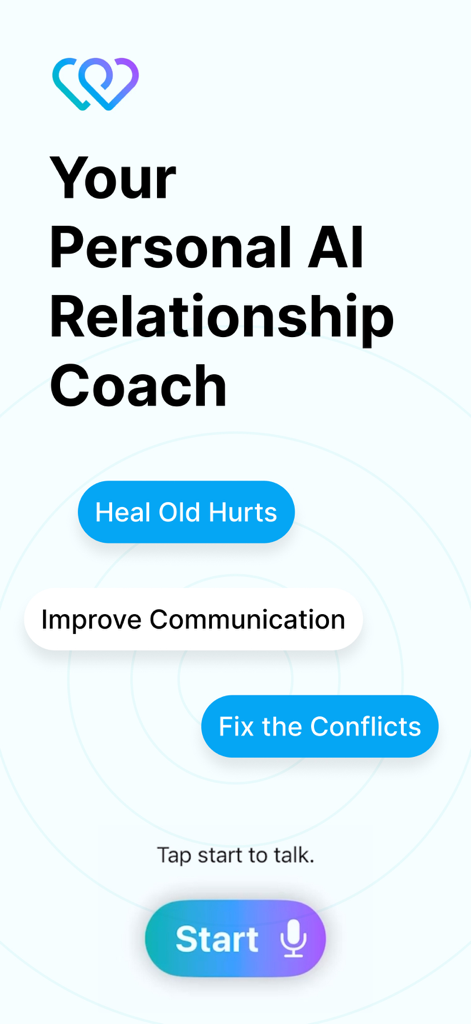 CoupleWork: AI Couples Therapy - Home screen of the CoupleWork app displaying the text Your Personal AI Relationship Coach with options to heal old hurts and improve communication.