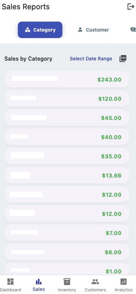 Hamster POS reports app - Hamster POS app screen displaying a list of sales reports organized by category with total revenue values