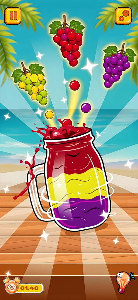 ASMR Master - Mukbang Eating - A colorful layered smoothie jar with grapes and a tropical beach background in the ASMR Master Mukbang Eating game.