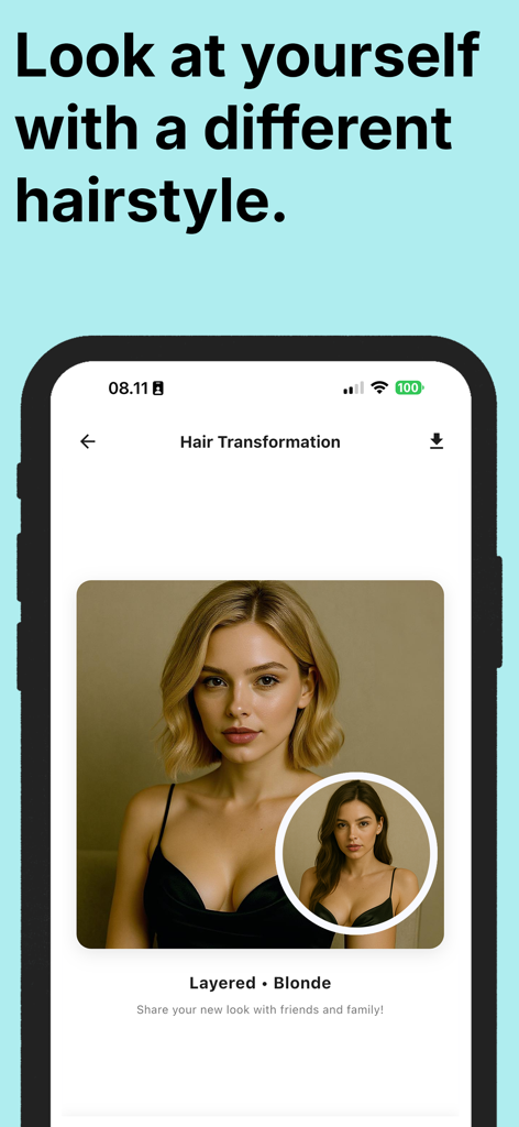 Remage: AI face swap profile - Remage app interface showing AI hair transformation from long dark hair to a short layered blonde hairstyle