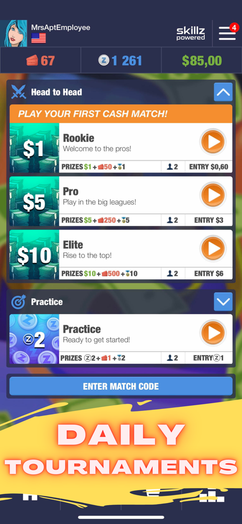 Arcade Bowling Money Games 3D - Head to head cash match selection screen with daily tournaments