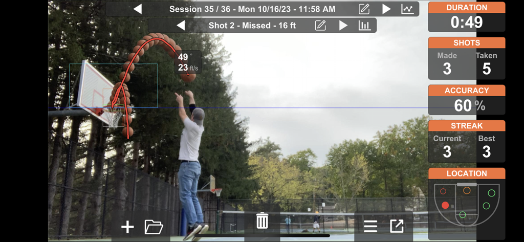 Basketball ShotBot - Basketball ShotBot app interface displaying a player shooting with visual trajectory arc and real-time performance statistics