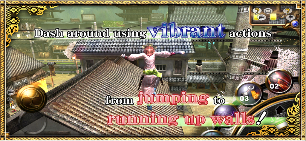 A ninja character jumps across rooftops in the IZANAGI Online mobile game