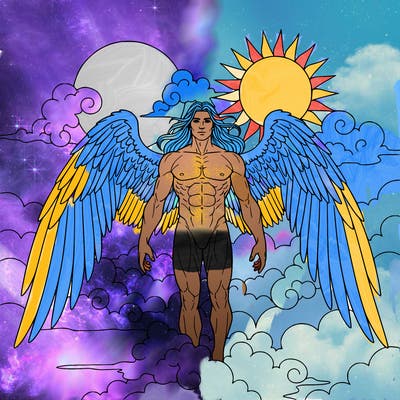 create a tall male angel with long hair, strong muscular and large wide wings standing in the clouds between the moon and the sun