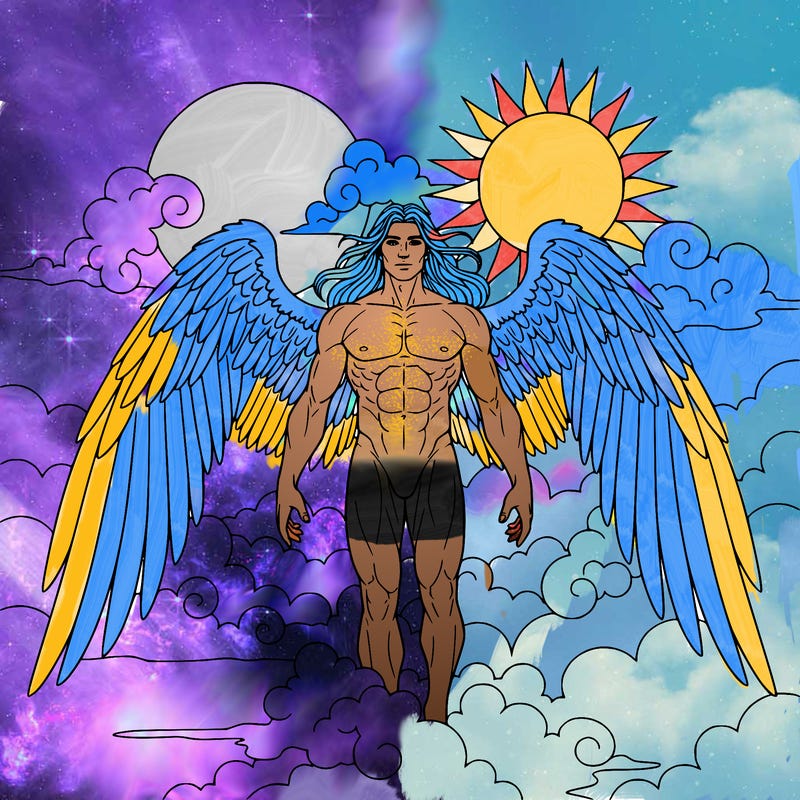 create a tall male angel with long hair, strong muscular and large wide wings standing in the clouds between the moon and the sun