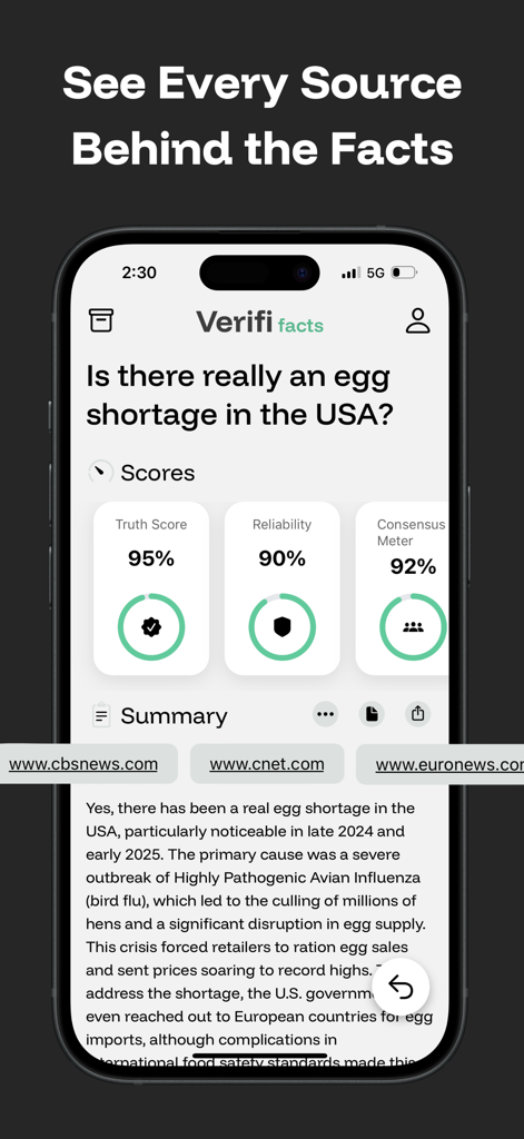 Verifi app interface displaying truth scores and news sources for an egg shortage inquiry