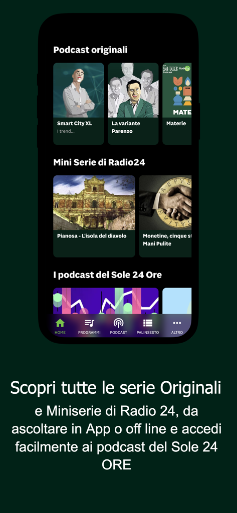 Radio 24 app interface showcasing original podcasts and audio series