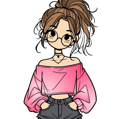 girl with a messy ponytail glasses a baggy crop top and jean shorts