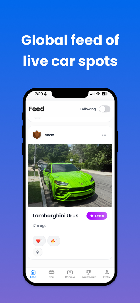 CarSpotter - Collect Cars - CarSpotter app global feed showing a spotted lime green Lamborghini Urus
