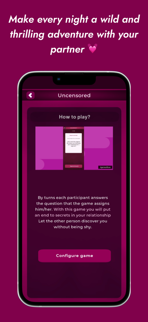 Pantalla de instrucciones del modo sin censura para la app de parejas Juego de Amor.