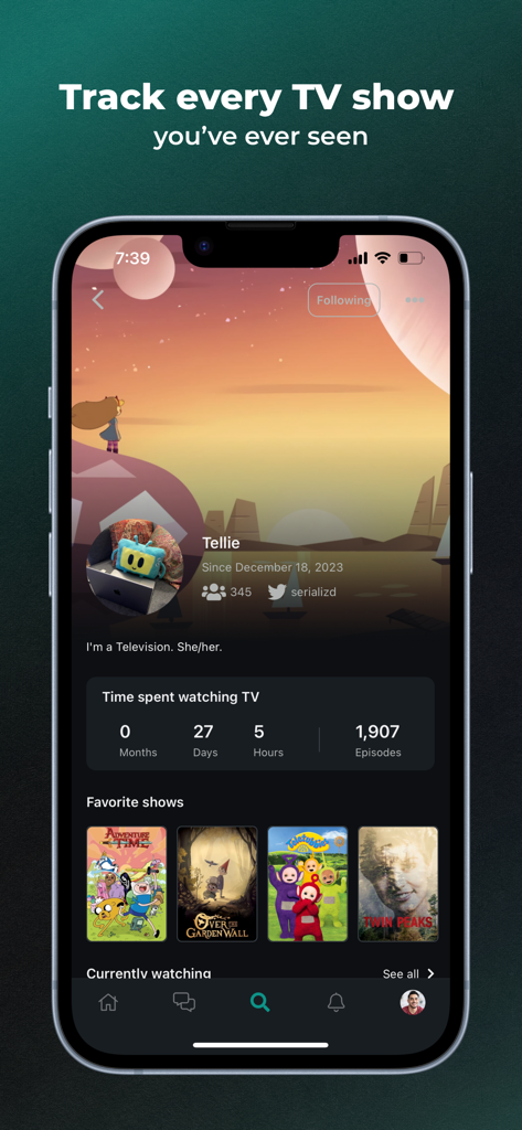 Tela de perfil de usuário do aplicativo Serializd mostrando estatísticas de visualização de séries de TV e séries favoritas