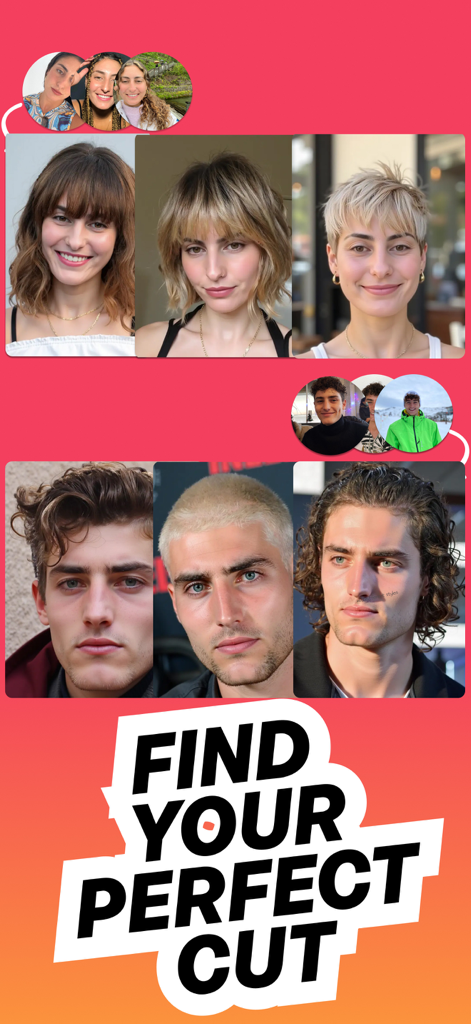 Haircut AI: Haircut Try On - Interfaz de la aplicación IA que muestra varios peinados para hombres y mujeres con el texto Encuentra tu corte perfecto