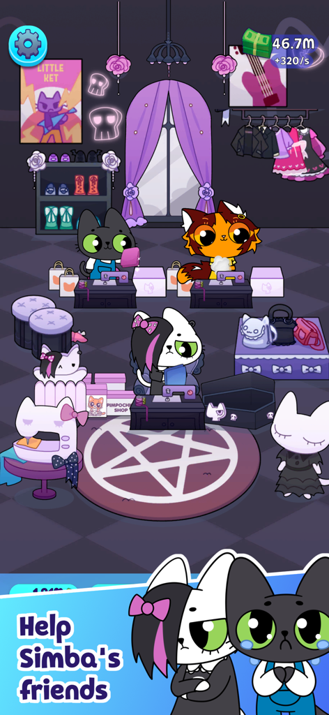 Simba Clicker - Gatos de desenho animado costurando roupas em uma loja temática gótica em Simba Clicker