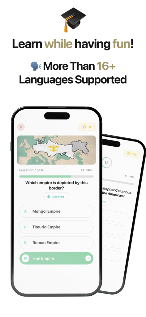 History Games: Trivia - 고대 제국에 대한 퀴즈와 다국어 지원을 보여주는 iPhone의 역사 퀴즈 앱 인터페이스.