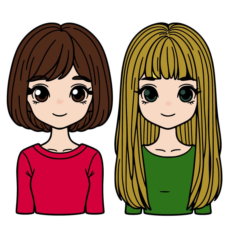 two girls one short hair, one long hair