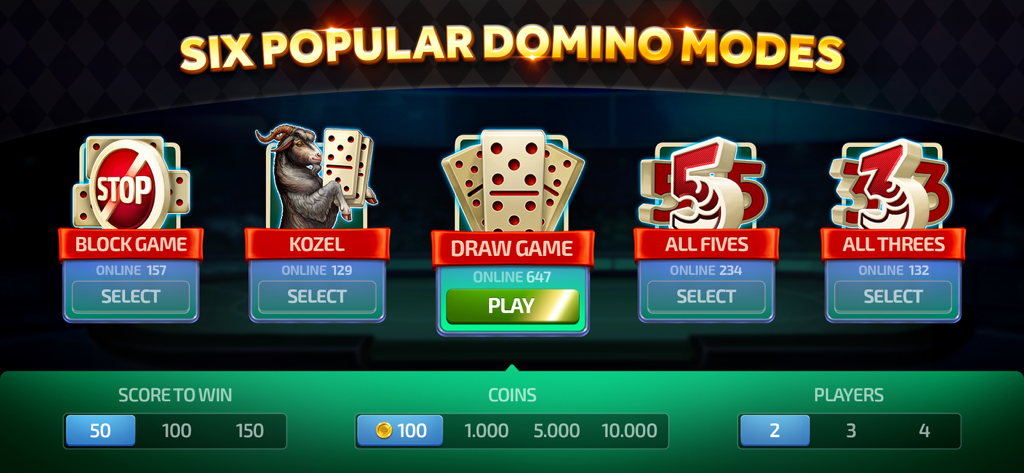 Domino - Dominoes online game - 드로우 게임 및 올 파이브를 포함한 6가지 인기 도미노 게임 모드를 보여주는 메뉴 화면