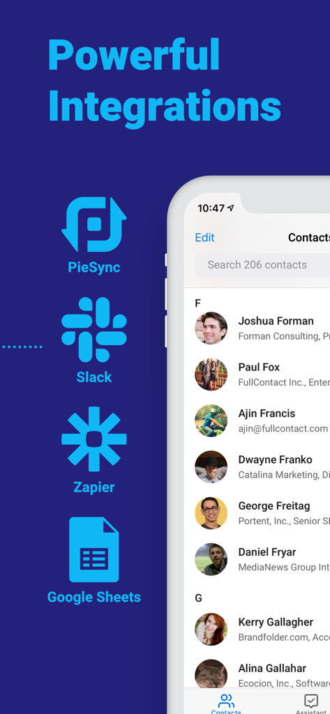 Interfaz de la aplicación Contacts plus mostrando integraciones con Slack Zapier y Google Sheets