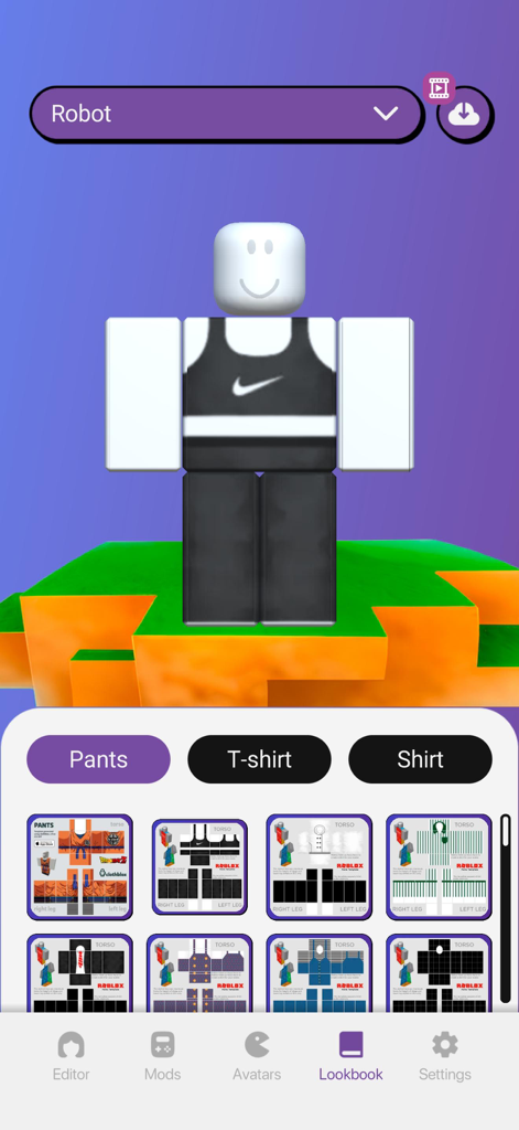 Mods & Skins Studio for Roblox - Interfaz del editor de skins de Roblox mostrando personalización de avatar y plantillas de ropa.